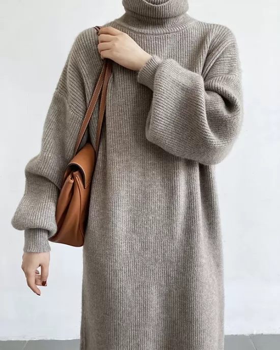 Urban Loose Puff Sleeves Solid Color High-Neck Sweater Dresses