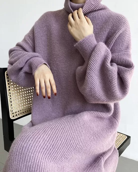 Urban Loose Puff Sleeves Solid Color High-Neck Sweater Dresses