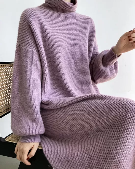 Urban Loose Puff Sleeves Solid Color High-Neck Sweater Dresses