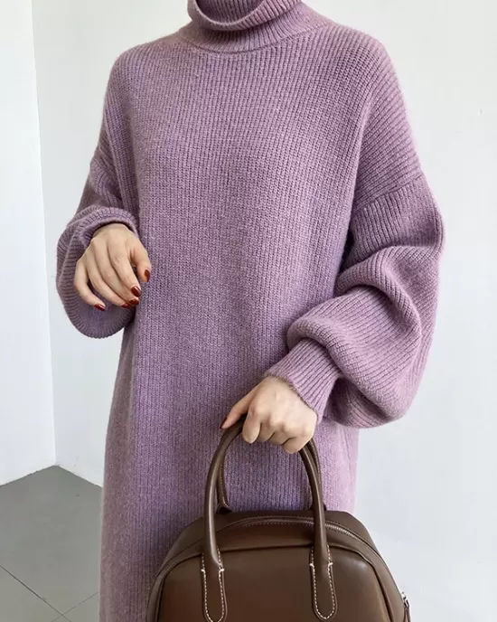 Urban Loose Puff Sleeves Solid Color High-Neck Sweater Dresses