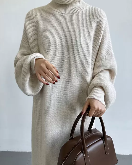 Urban Loose Puff Sleeves Solid Color High-Neck Sweater Dresses