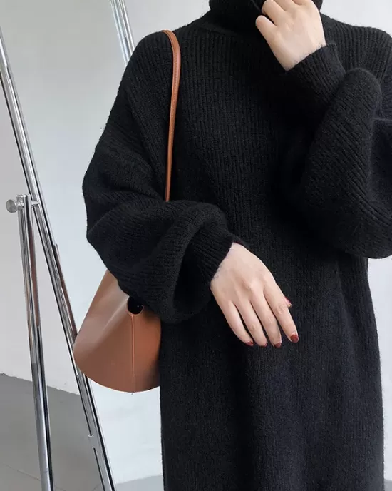 Urban Loose Puff Sleeves Solid Color High-Neck Sweater Dresses