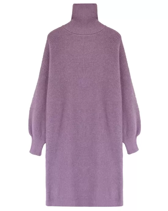 Urban Loose Puff Sleeves Solid Color High-Neck Sweater Dresses