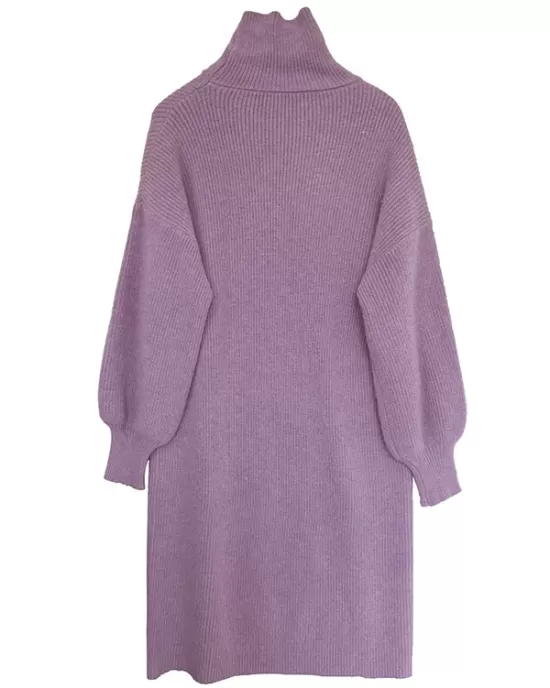 Urban Loose Puff Sleeves Solid Color High-Neck Sweater Dresses