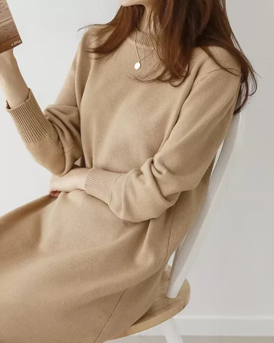 Urban Long Sleeves Loose Split-Side Solid Color Round-Neck Sweater Dresses