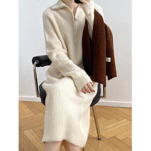 Casual Loose Long Sleeves Solid Color Zipper High-Neck Sweater Dresses