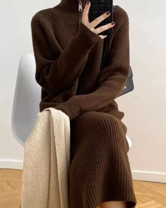 Casual Loose Long Sleeves Solid Color Zipper High-Neck Sweater Dresses