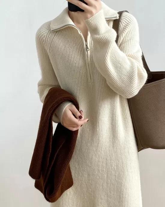 Casual Loose Long Sleeves Solid Color Zipper High-Neck Sweater Dresses