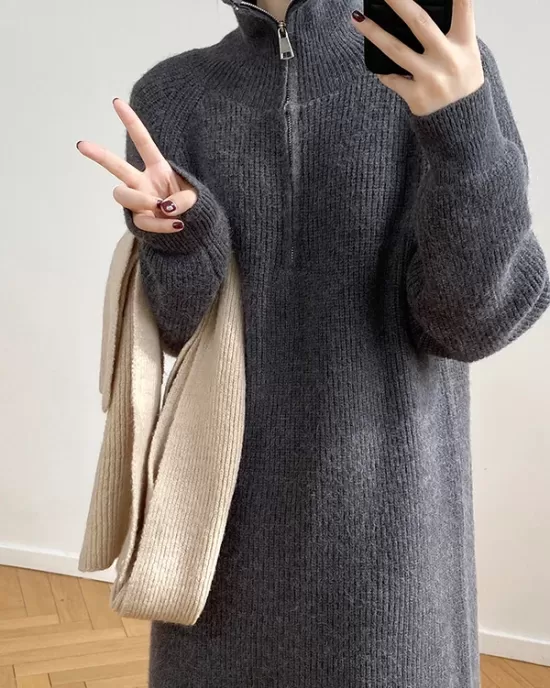 Casual Loose Long Sleeves Solid Color Zipper High-Neck Sweater Dresses