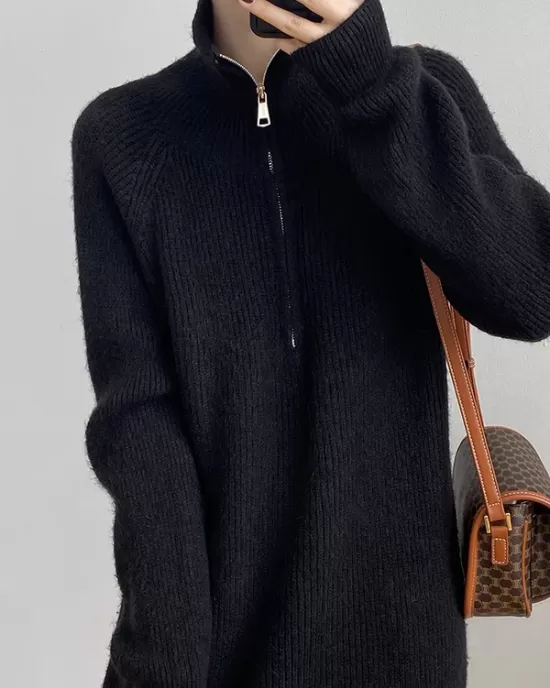 Casual Loose Long Sleeves Solid Color Zipper High-Neck Sweater Dresses