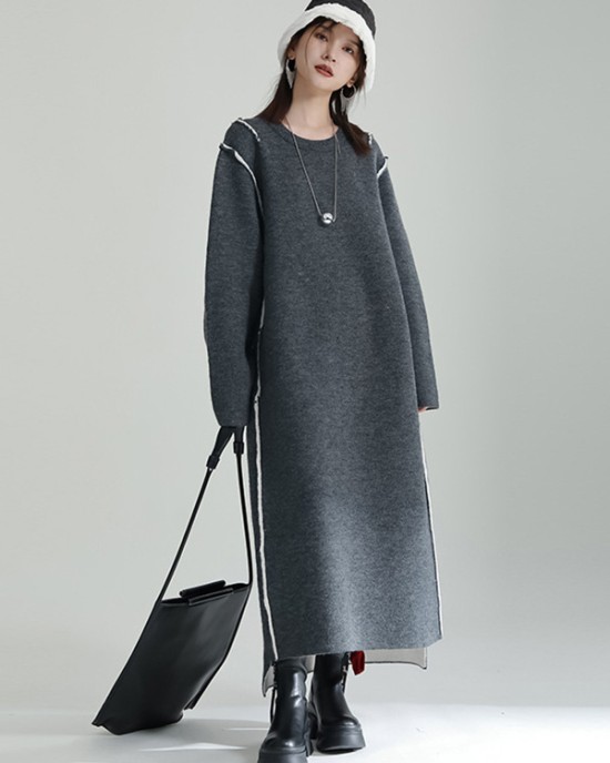 Casual Long Sleeves Loose Solid Color Round-Neck Sweater Dresses