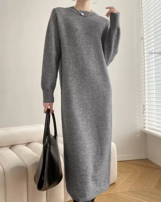 Urban Loose Long Sleeves Solid Color Round-Neck Sweater Dresses