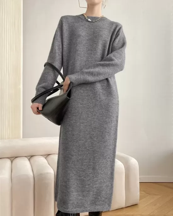 Urban Loose Long Sleeves Solid Color Round-Neck Sweater Dresses