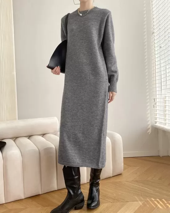 Urban Loose Long Sleeves Solid Color Round-Neck Sweater Dresses