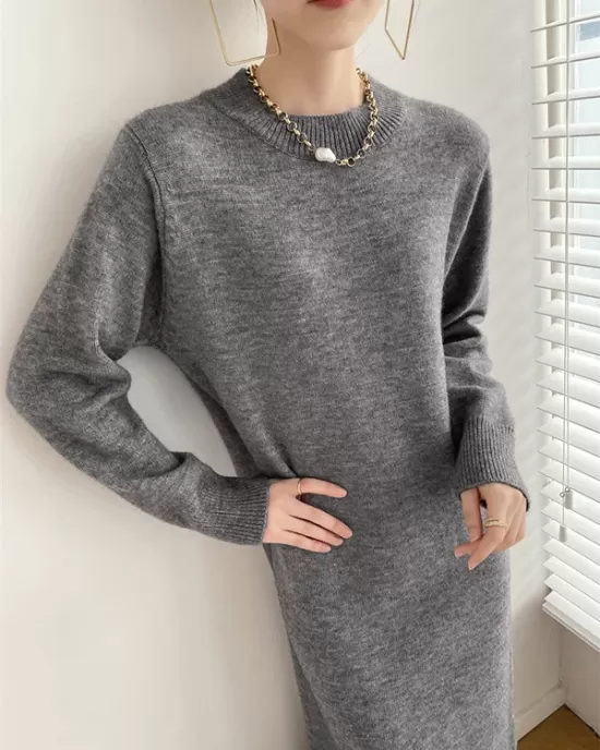 Urban Loose Long Sleeves Solid Color Round-Neck Sweater Dresses