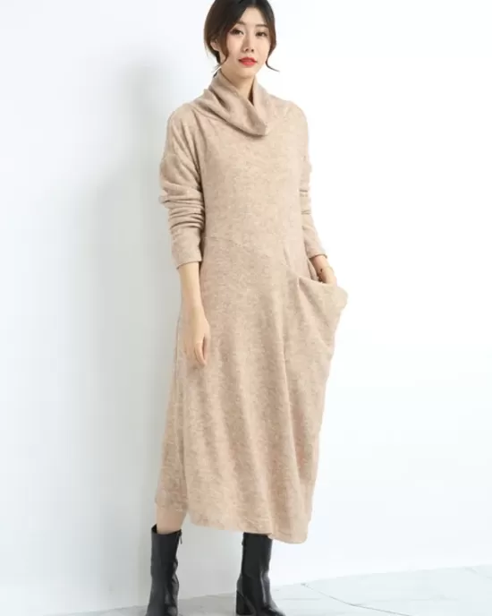 Casual Long Sleeves Loose Keep Warm Solid Color Heaps Collar Sweater Dresses