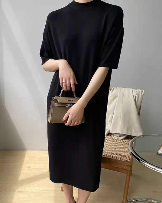 Solid Color Split-Joint Loose Short Sleeves Round-neck Sweater Dresses Midi Dresses