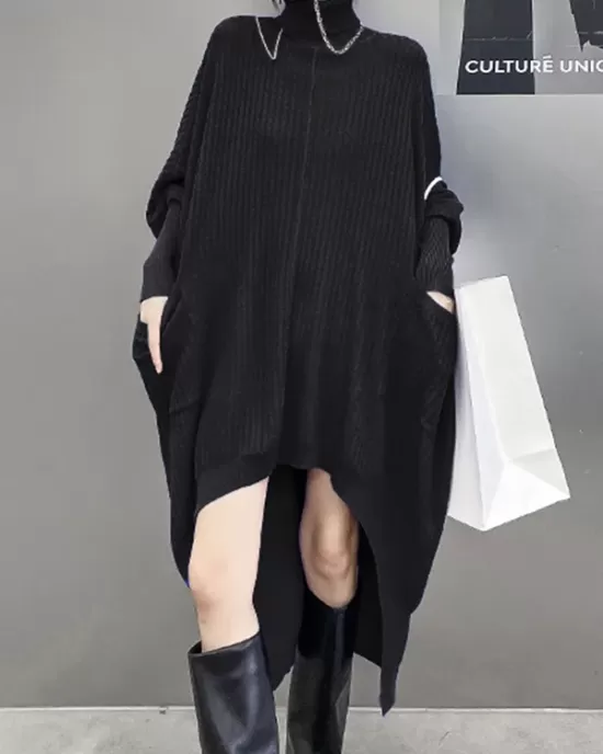 Batwing Sleeves High-Low Pockets Solid Color High-Neck Midi Dresses Sweater Dresses