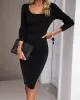 Solid Color Split-Side Long Sleeves Skinny Square-Neck Sweater Dresses