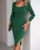 Solid Color Split-Side Long Sleeves Skinny Square-Neck Sweater Dresses