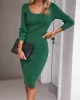 Solid Color Split-Side Long Sleeves Skinny Square-Neck Sweater Dresses