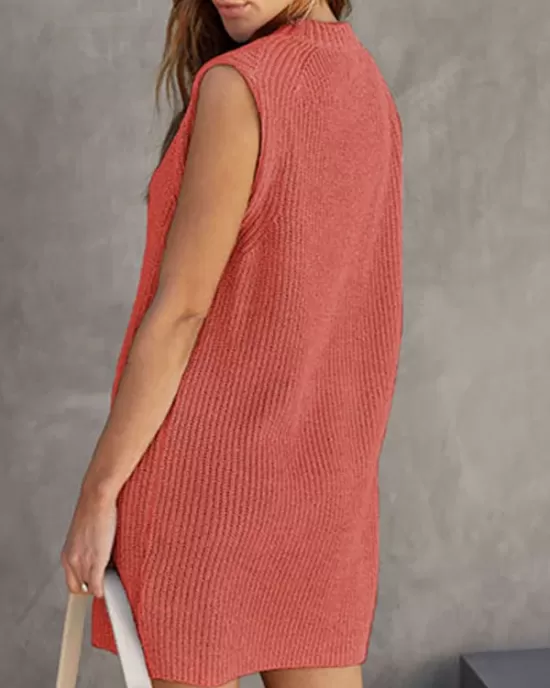 Solid Color Split-Joint Tied Waist Loose Sleeveless Round-Neck Sweater Dresses Mini Dresses