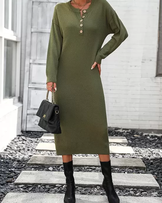 Buttoned Split-Joint Long Sleeves Loose Round-Neck Sweater Dresses Midi Dresses