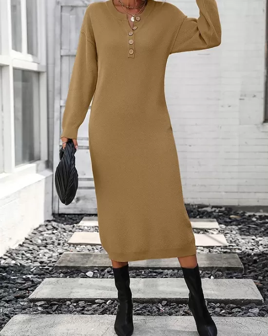 Buttoned Split-Joint Long Sleeves Loose Round-Neck Sweater Dresses Midi Dresses