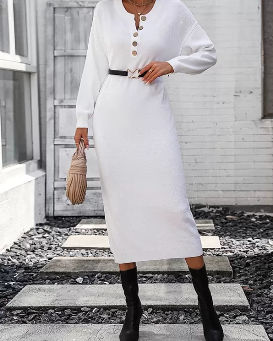 Buttoned Split-Joint Long Sleeves Loose Round-Neck Sweater Dresses Midi Dresses