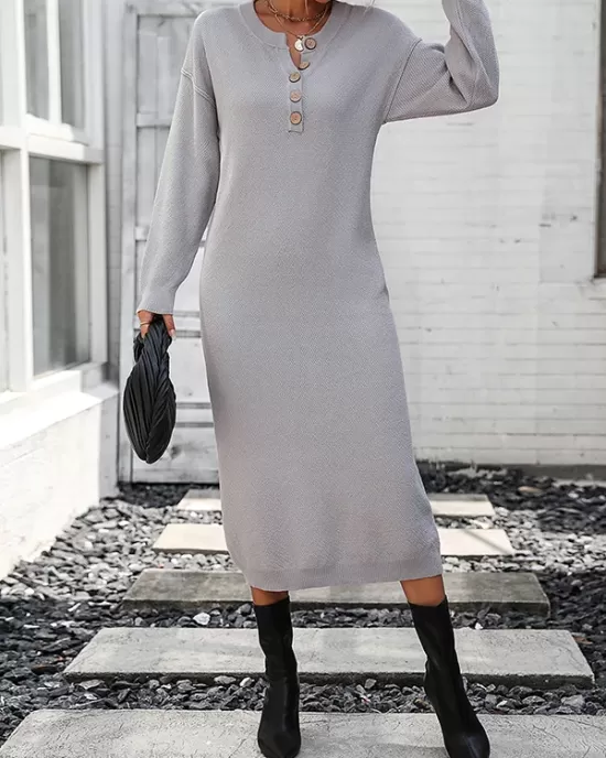 Buttoned Split-Joint Long Sleeves Loose Round-Neck Sweater Dresses Midi Dresses