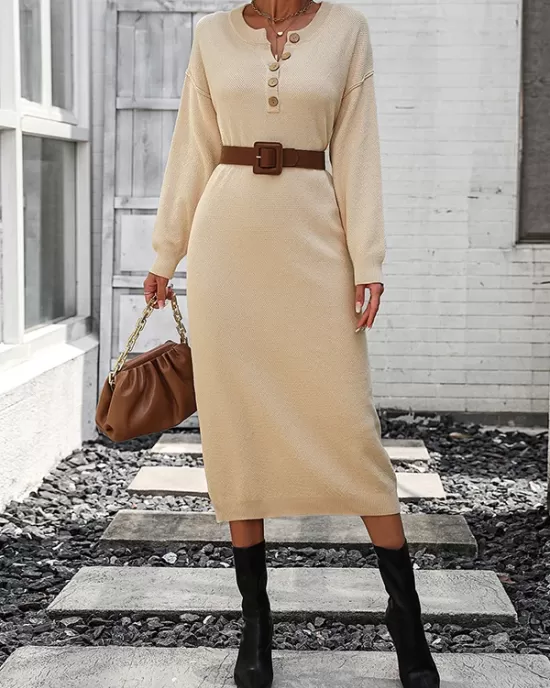 Buttoned Split-Joint Long Sleeves Loose Round-Neck Sweater Dresses Midi Dresses