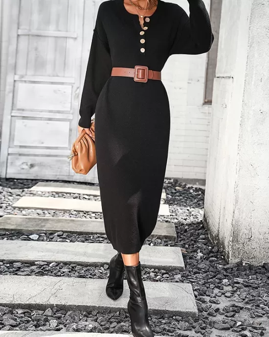 Buttoned Split-Joint Long Sleeves Loose Round-Neck Sweater Dresses Midi Dresses