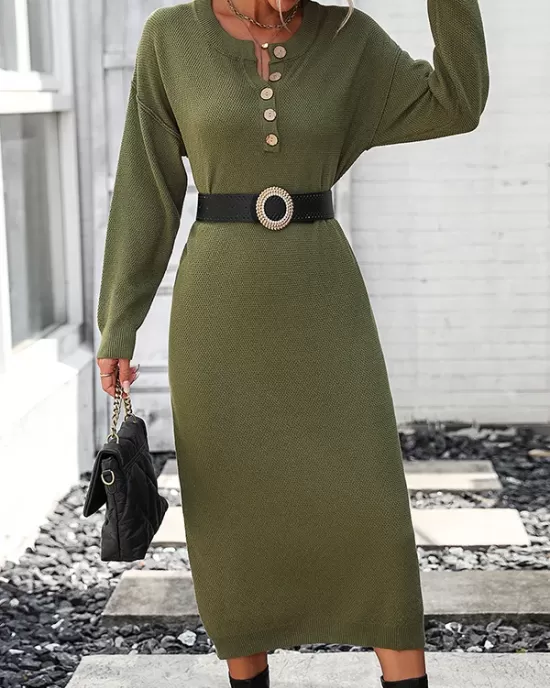 Buttoned Split-Joint Long Sleeves Loose Round-Neck Sweater Dresses Midi Dresses