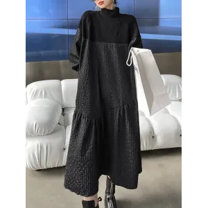 A-Line Long Sleeves Asymmetric Solid Color Split-Joint High-Neck Midi Dresses Sweater Dresses