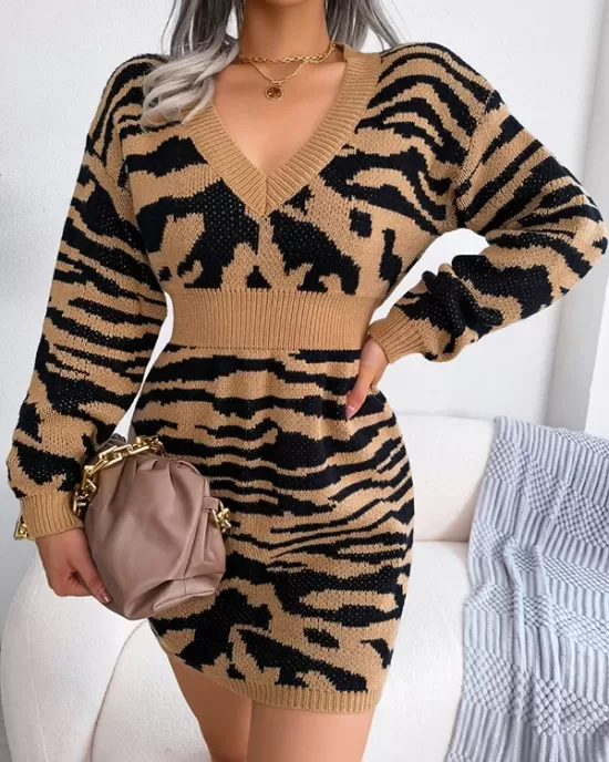 Split-Joint Tiger Skin Pattern High Waisted Long Sleeves V-Neck Sweater Dresses Mini Dresses