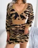 Split-Joint Tiger Skin Pattern High Waisted Long Sleeves V-Neck Sweater Dresses Mini Dresses