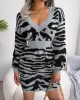 Split-Joint Tiger Skin Pattern High Waisted Long Sleeves V-Neck Sweater Dresses Mini Dresses