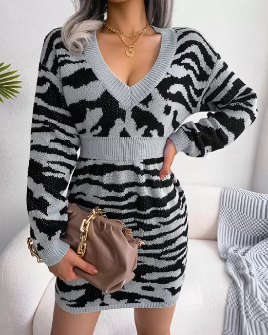 Split-Joint Tiger Skin Pattern High Waisted Long Sleeves V-Neck Sweater Dresses Mini Dresses