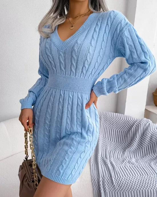 Solid Color High Waisted Long Sleeves V-Neck Sweater Dresses Mini Dresses