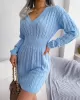 Solid Color High Waisted Long Sleeves V-Neck Sweater Dresses Mini Dresses