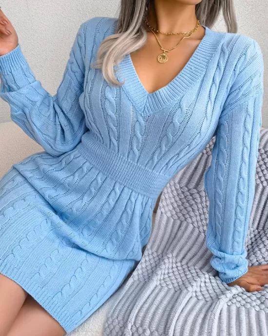 Solid Color High Waisted Long Sleeves V-Neck Sweater Dresses Mini Dresses