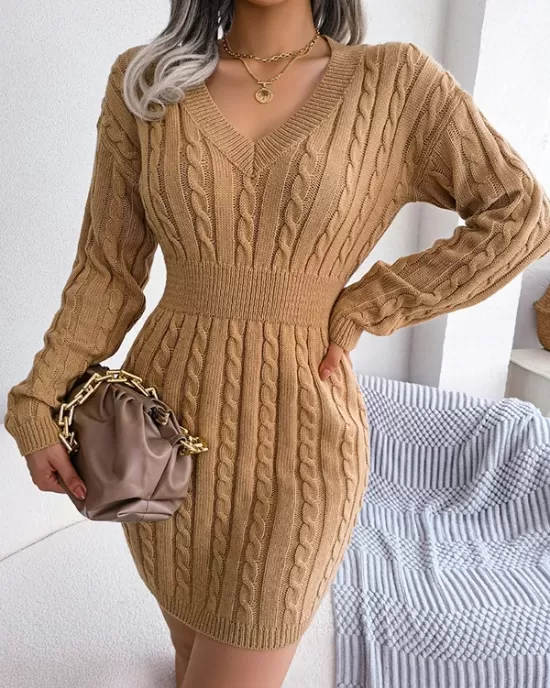 Solid Color High Waisted Long Sleeves V-Neck Sweater Dresses Mini Dresses