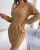 Solid Color High Waisted Long Sleeves V-Neck Sweater Dresses Mini Dresses