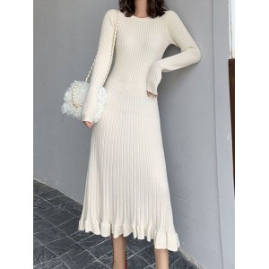 Ruffled Solid Color Long Sleeves Loose Round-Neck Sweater Dresses Midi Dresses