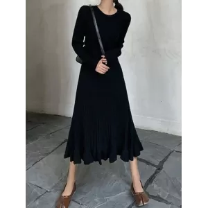 Ruffled Solid Color Long Sleeves Loose Round-Neck Sweater Dresses Midi Dresses