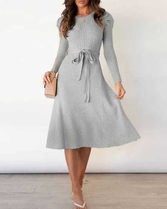 Solid Color Tied Waist High Waisted Long Sleeves Round-Neck Sweater Dresses Midi Dresses