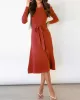 Solid Color Tied Waist High Waisted Long Sleeves Round-Neck Sweater Dresses Midi Dresses