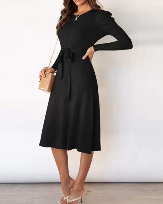 Solid Color Tied Waist High Waisted Long Sleeves Round-Neck Sweater Dresses Midi Dresses