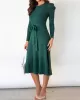 Solid Color Tied Waist High Waisted Long Sleeves Round-Neck Sweater Dresses Midi Dresses