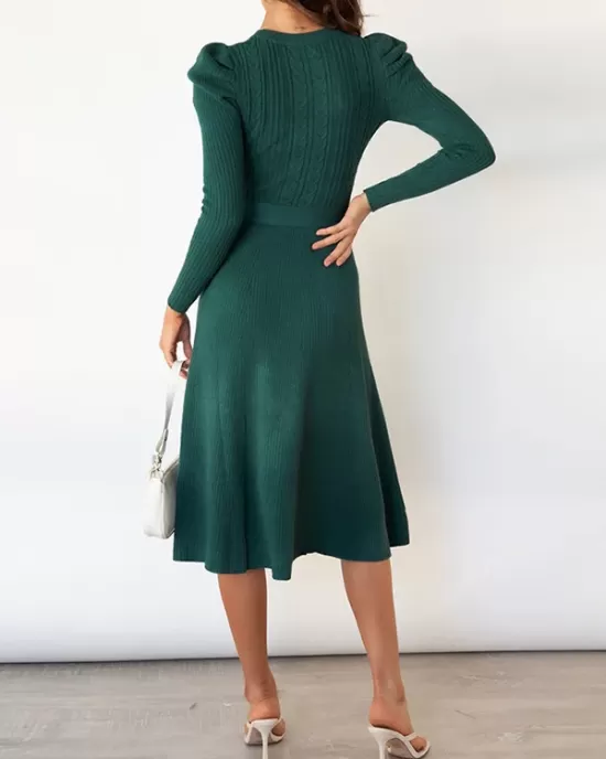 Solid Color Tied Waist High Waisted Long Sleeves Round-Neck Sweater Dresses Midi Dresses